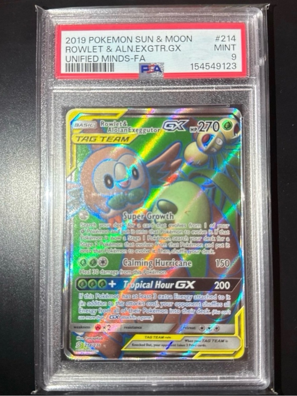 PSA 9 Rowlet & Alolan Exeggutor 2019 released unified minds Sun&Moon set #214